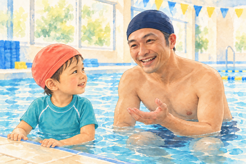 プールで子どもに笑顔で声をかけるコーチのイラスト