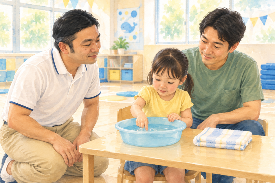 水に触れる子どもを保護者とコーチが見守るイラスト
