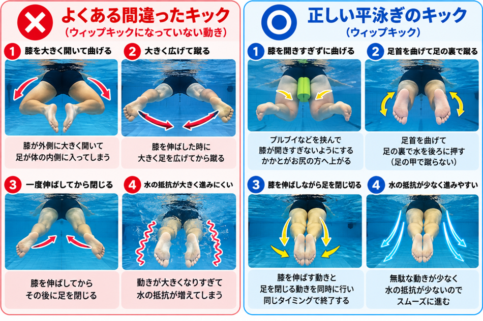 平泳ぎのキックの動きを比較した解説画像